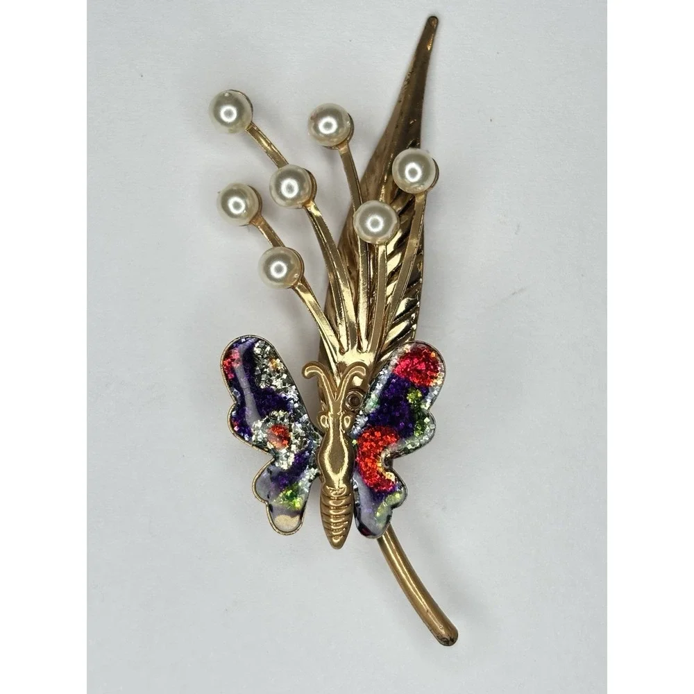 Vintage Butterfly Floral Spray Brooch Faux Pearl Glitter Enamel Gold Tone Pin